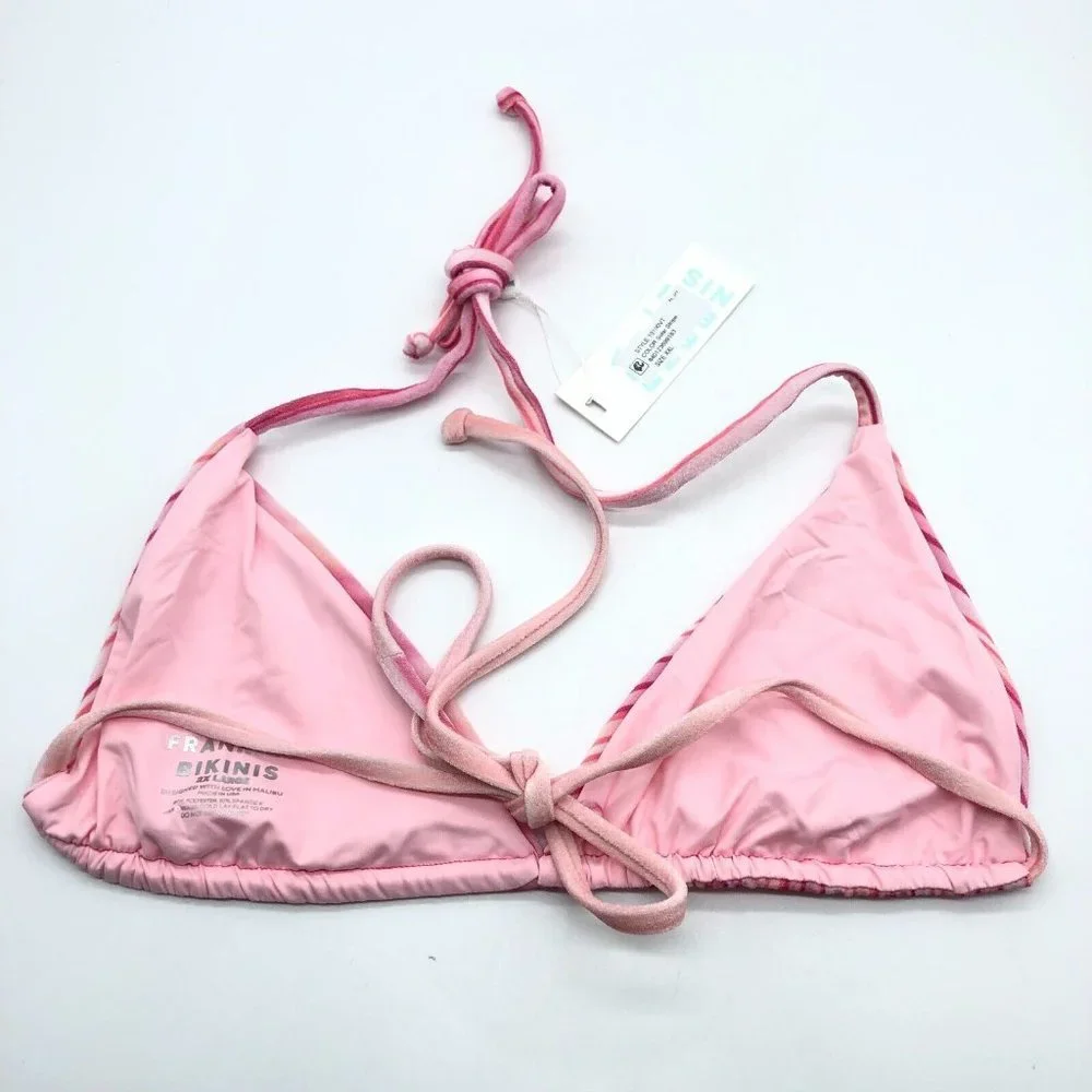 Frankies Bikinis Tia Velvet Bikini Top Halter Tie Back Solar Stripe Pink XXL